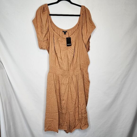 4X 26W Torrid Brown Smocked Waist Romper Rayon Slub Stretch Pocket Nuetral Relax - Picture 2 of 9